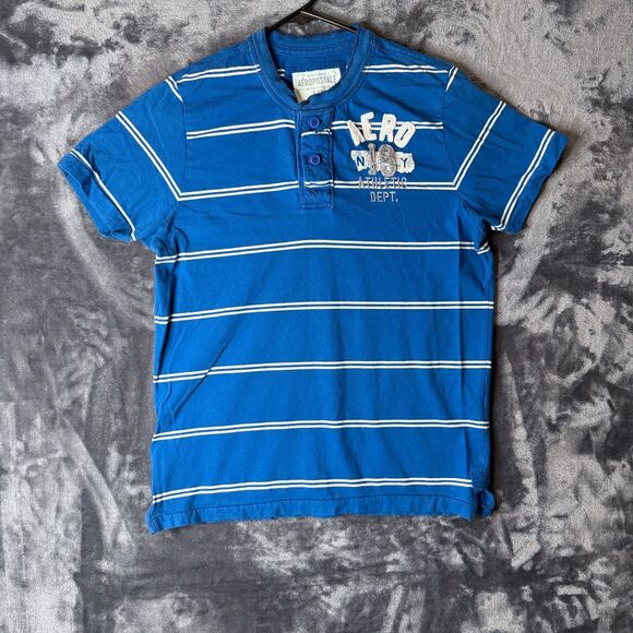 Vintage Y2K Aéropostale Short Sleeve Striped Blue Size Large Shirt - Picture 1 of 7